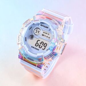 Iridescent Clear LED Digital Sports Watch Water Resistant, Unisex Sports Watch
